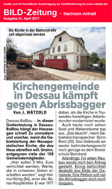 Bericht der Bild-Zeitung NAK Dessau Abriss Kirchengebäude